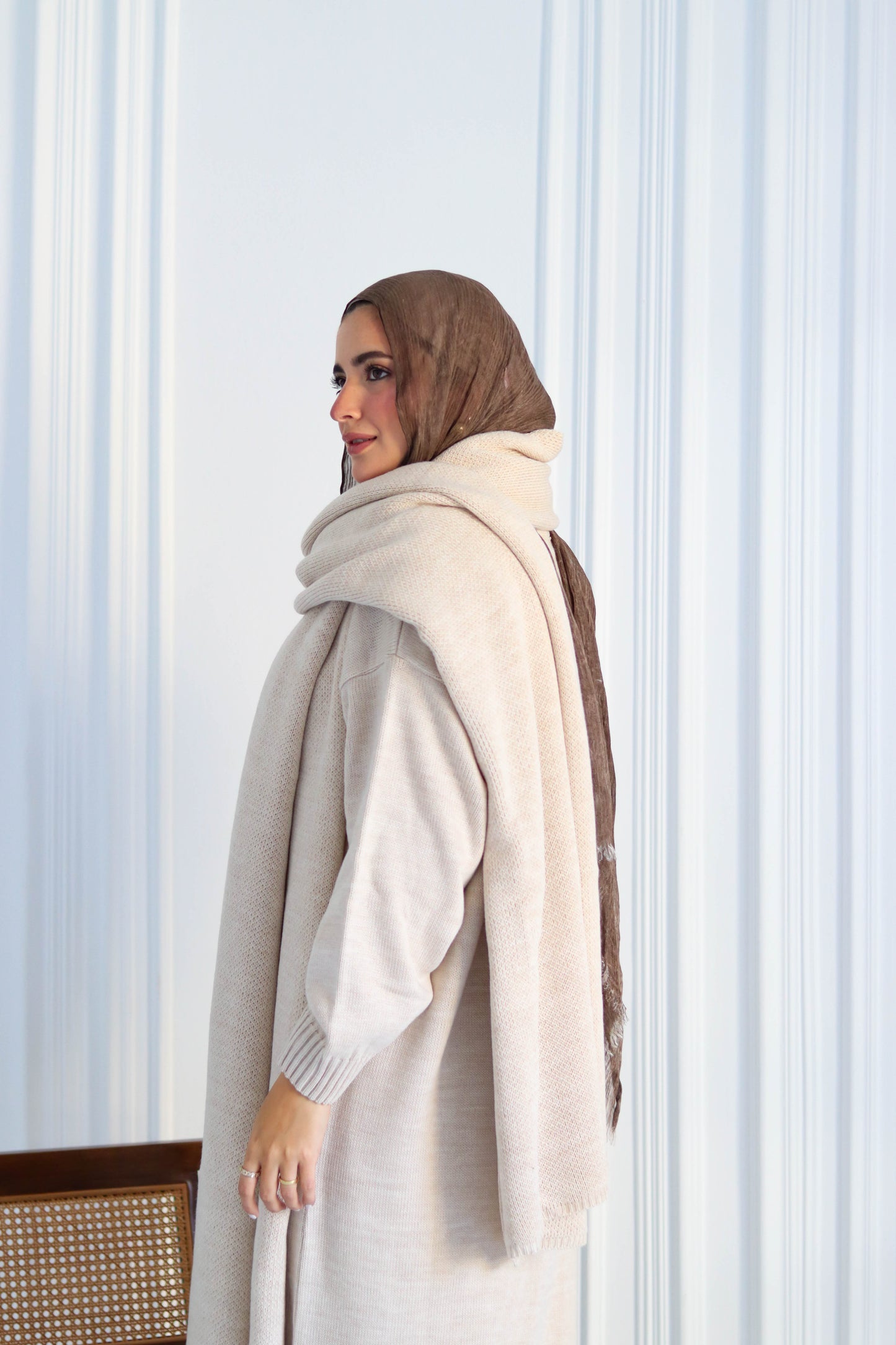 Shawl & Knitted Winter Dress Set in Beige