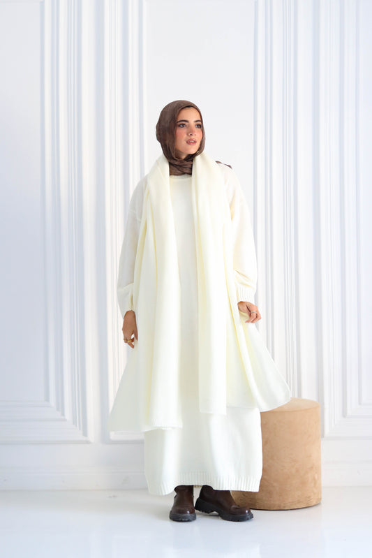 Shawl & Knitted Winter Dress Set in Off-White