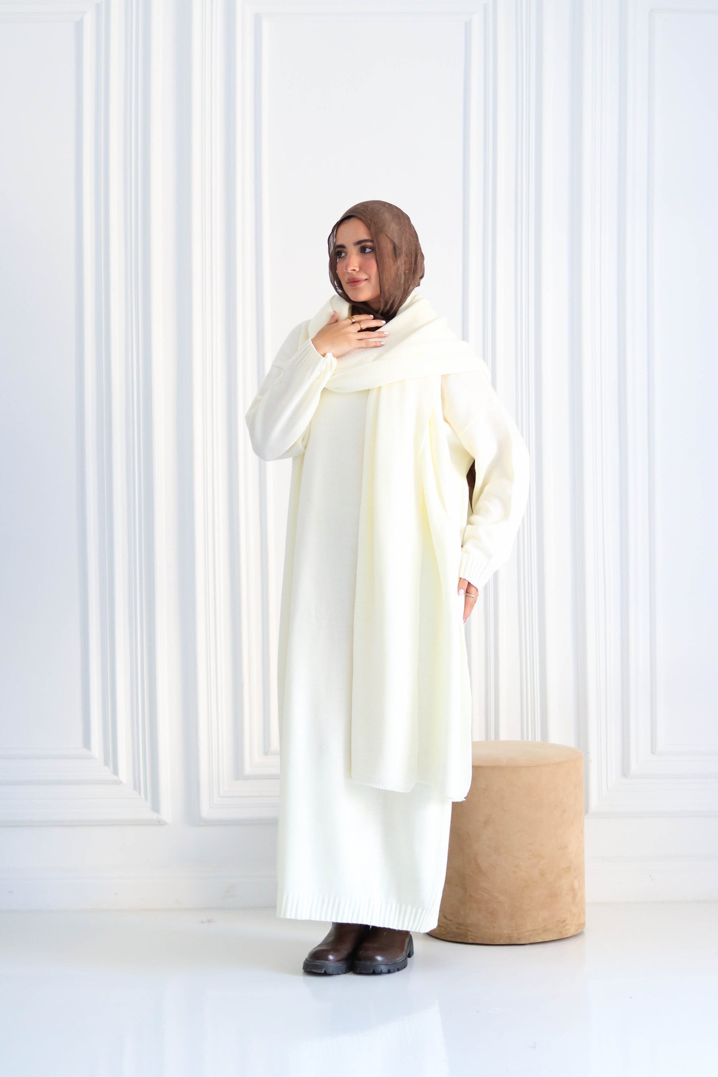 Shawl & Knitted Winter Dress Set in Off-White