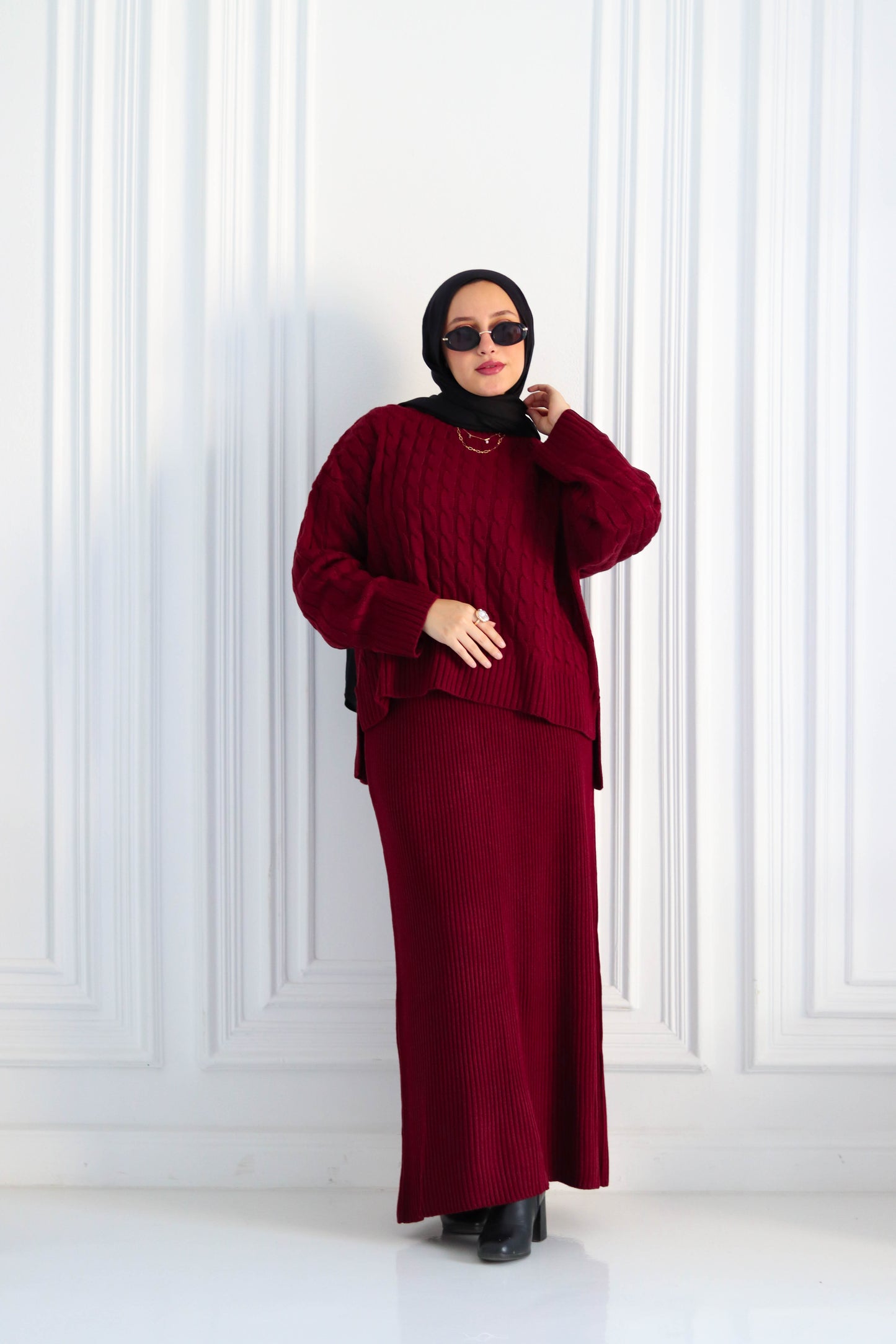 Braided Winter Set in Burgundy (Tunic and skirt)