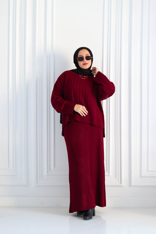 Braided Winter Set in Burgundy (Tunic and skirt)
