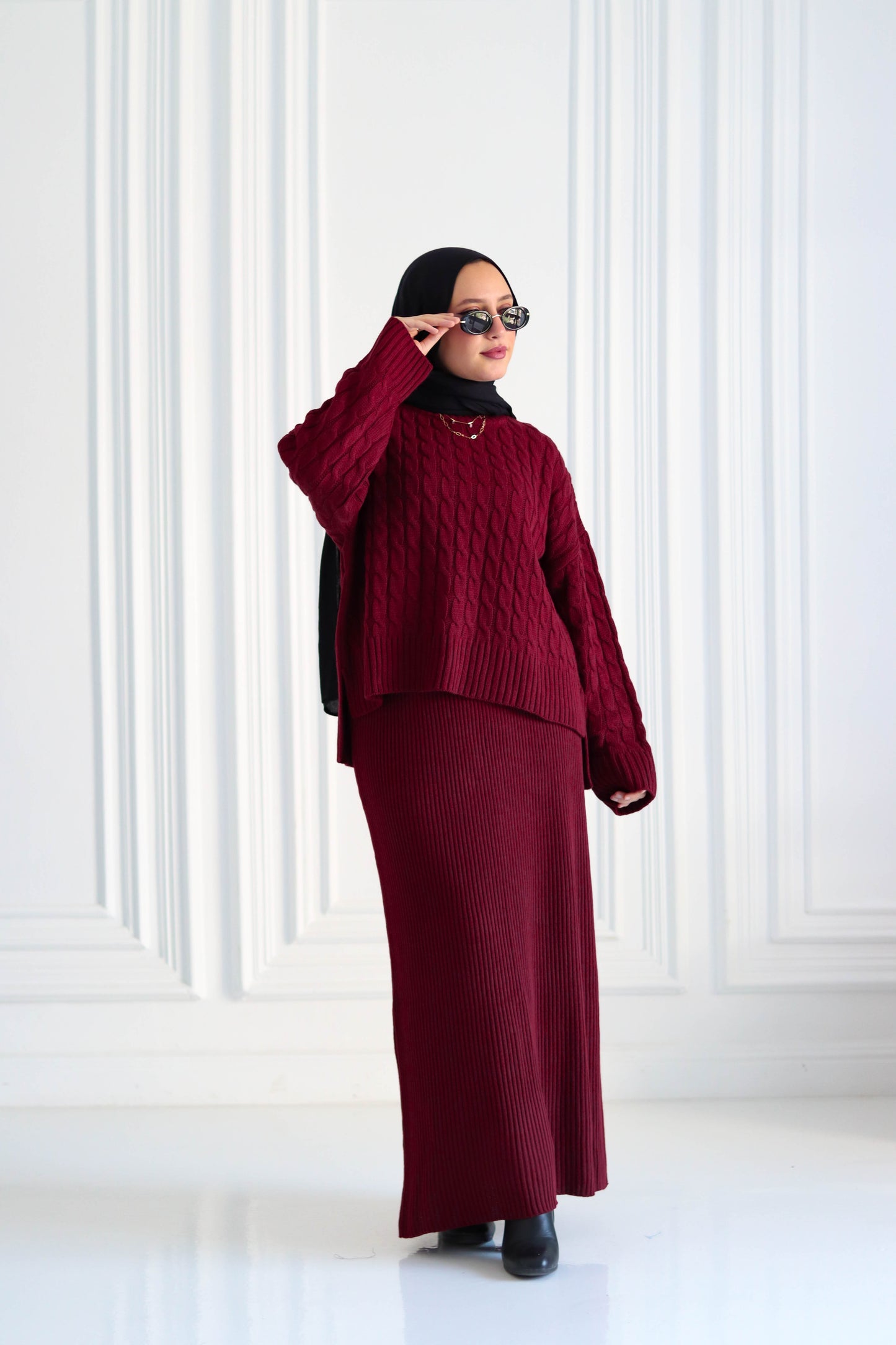 Braided Winter Set in Burgundy (Tunic and skirt)