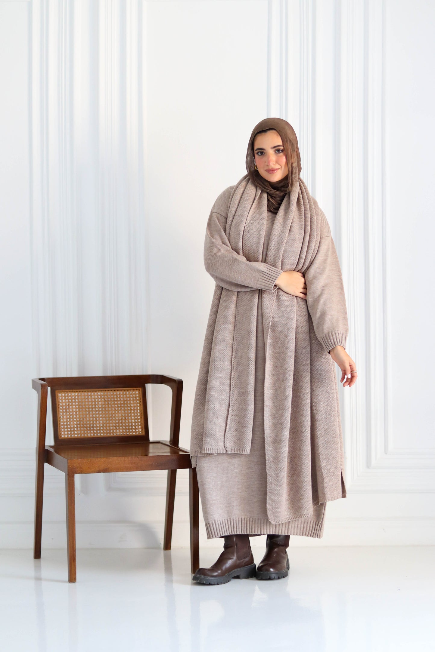 Shawl & Knitted Winter Dress Set in Cafe