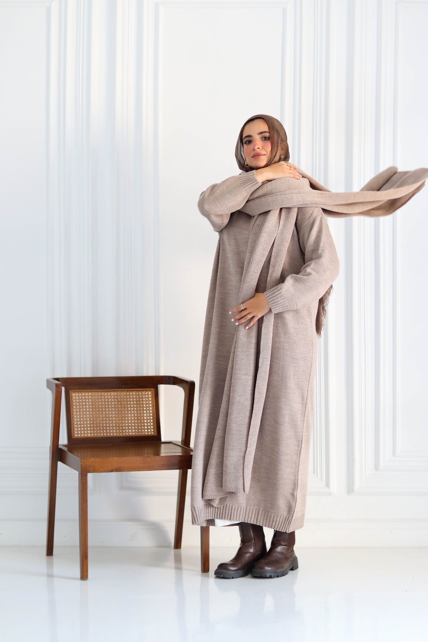 Shawl & Knitted Winter Dress Set in Cafe