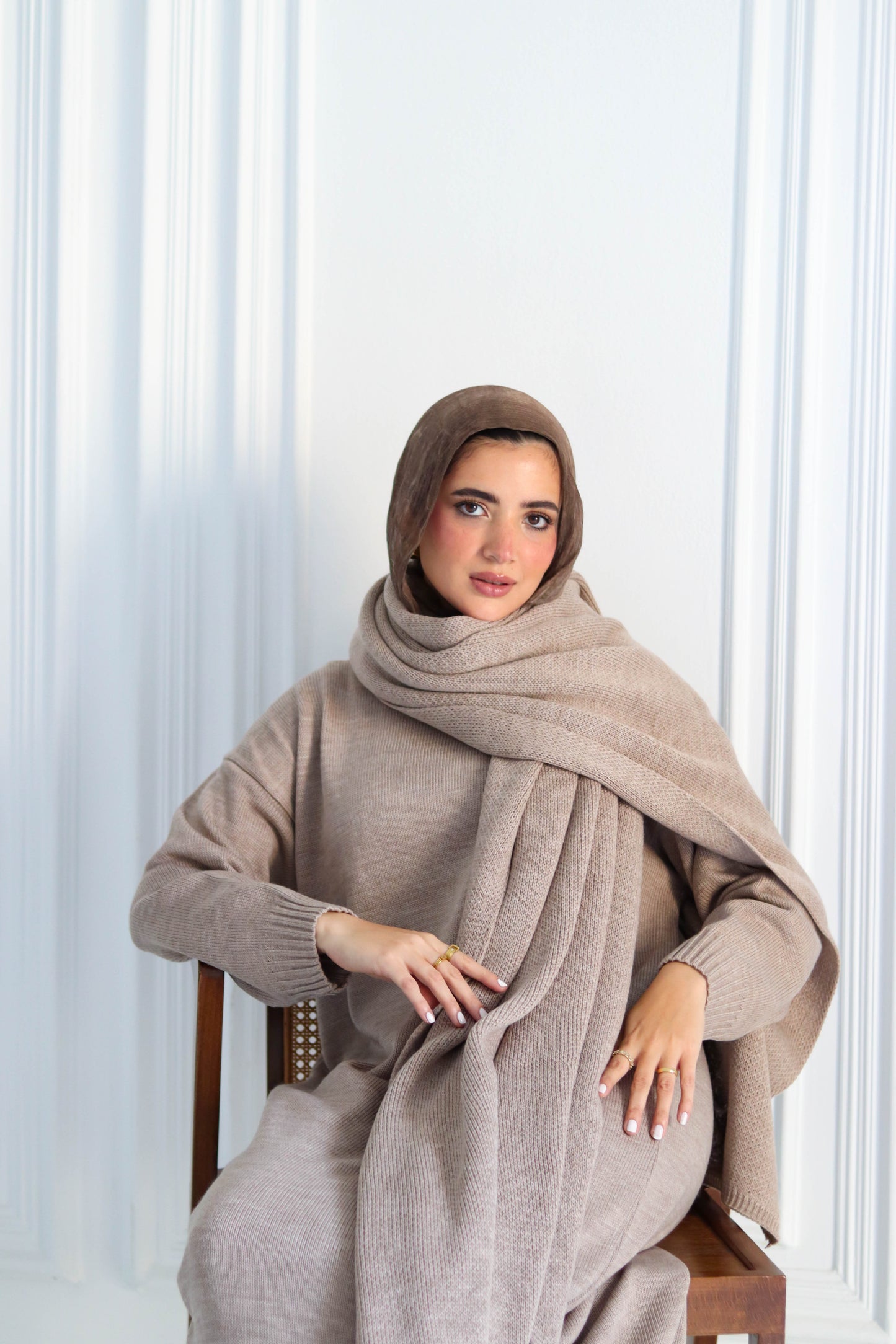 Shawl & Knitted Winter Dress Set in Cafe