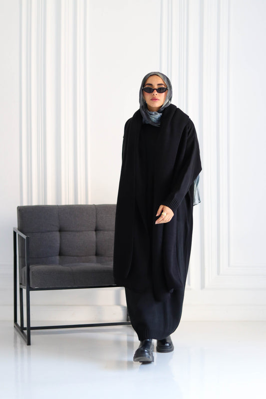 Shawl & Knitted Winter Dress Set in Black