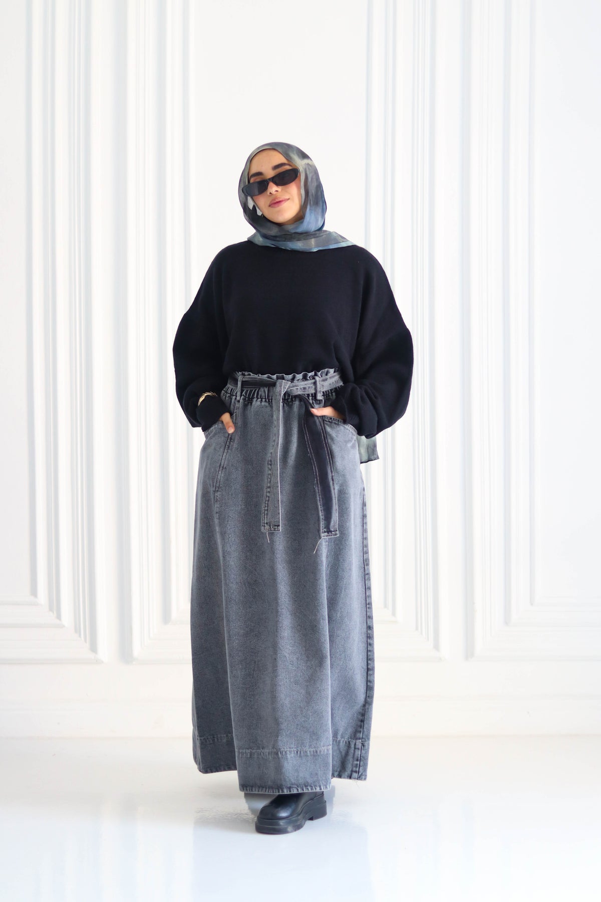 Denim Cloush Skirt in Grey