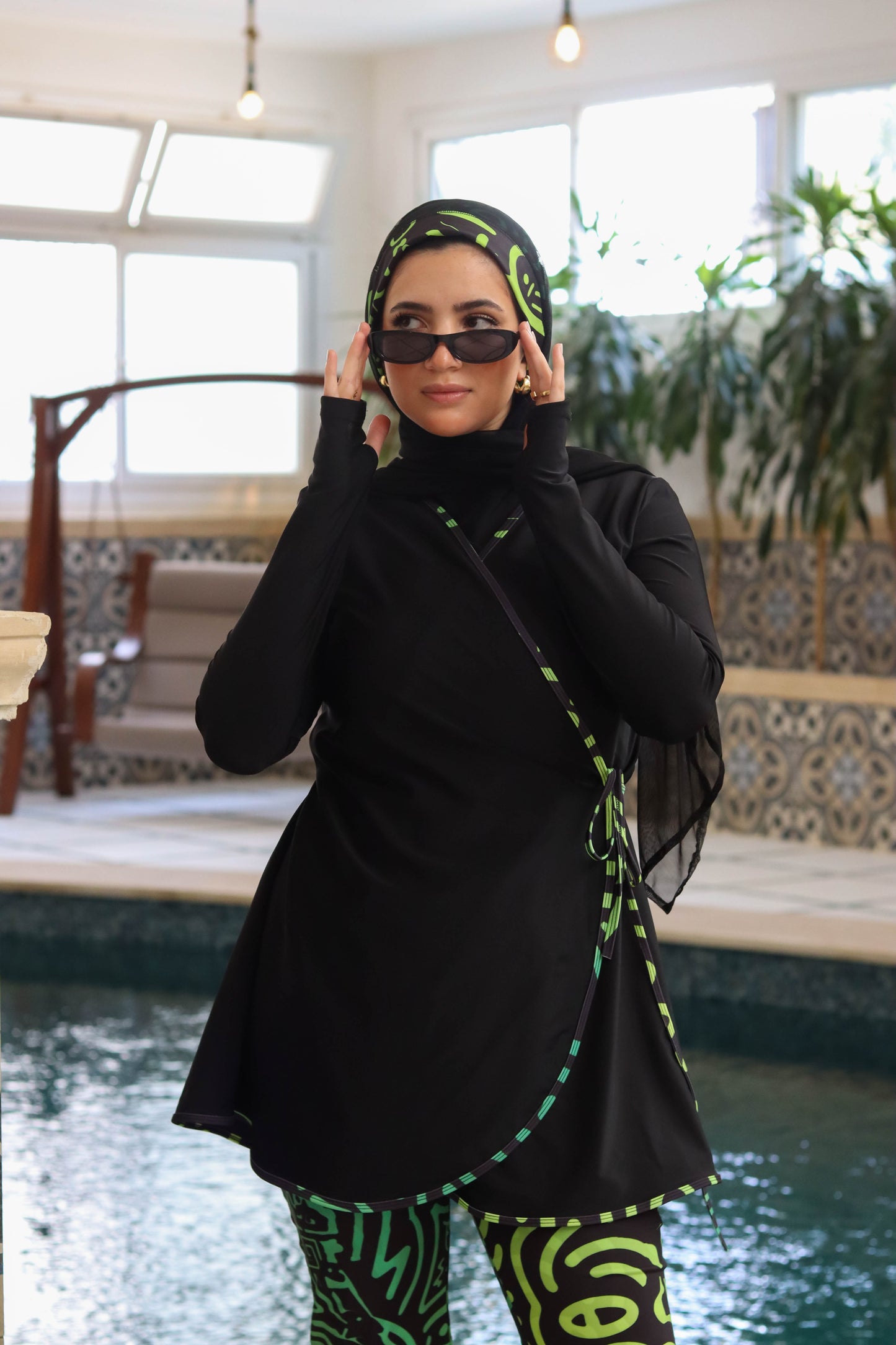 Black Burkini with African Pants and Chiffon Skirt (4 pieces)