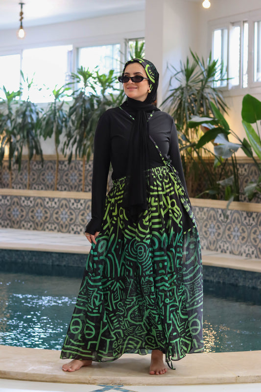 Black Burkini with African Pants and Chiffon Skirt (4 pieces)