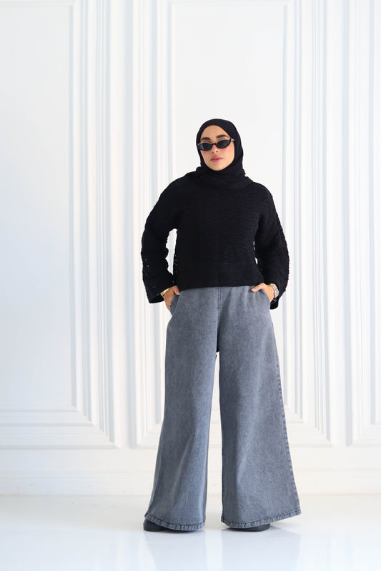 Denim Wide Leg Pants in Gray