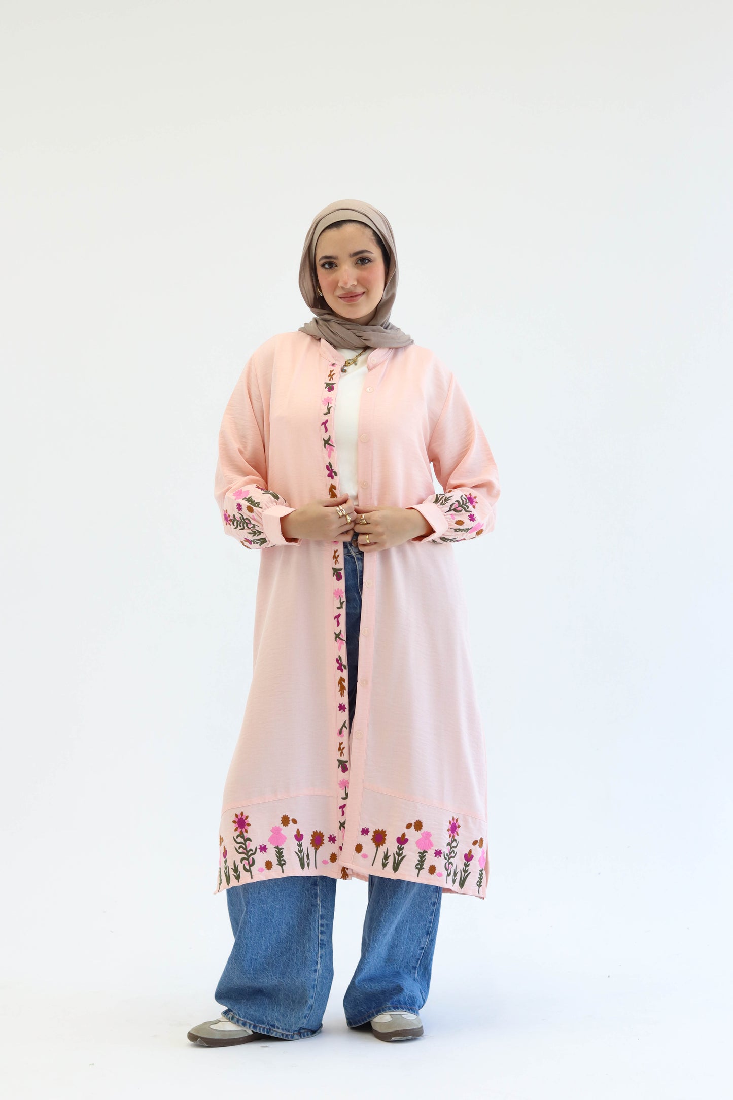 Floral Embroidered Linen Chemise in Pink