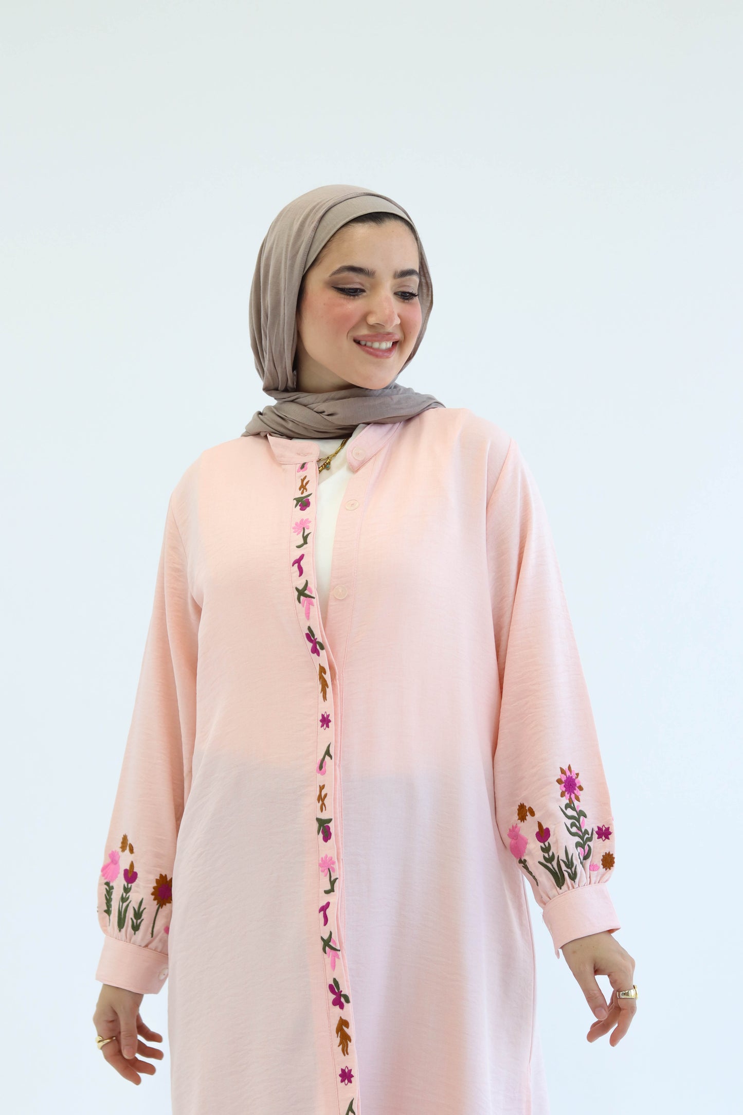 Floral Embroidered Linen Chemise in Pink