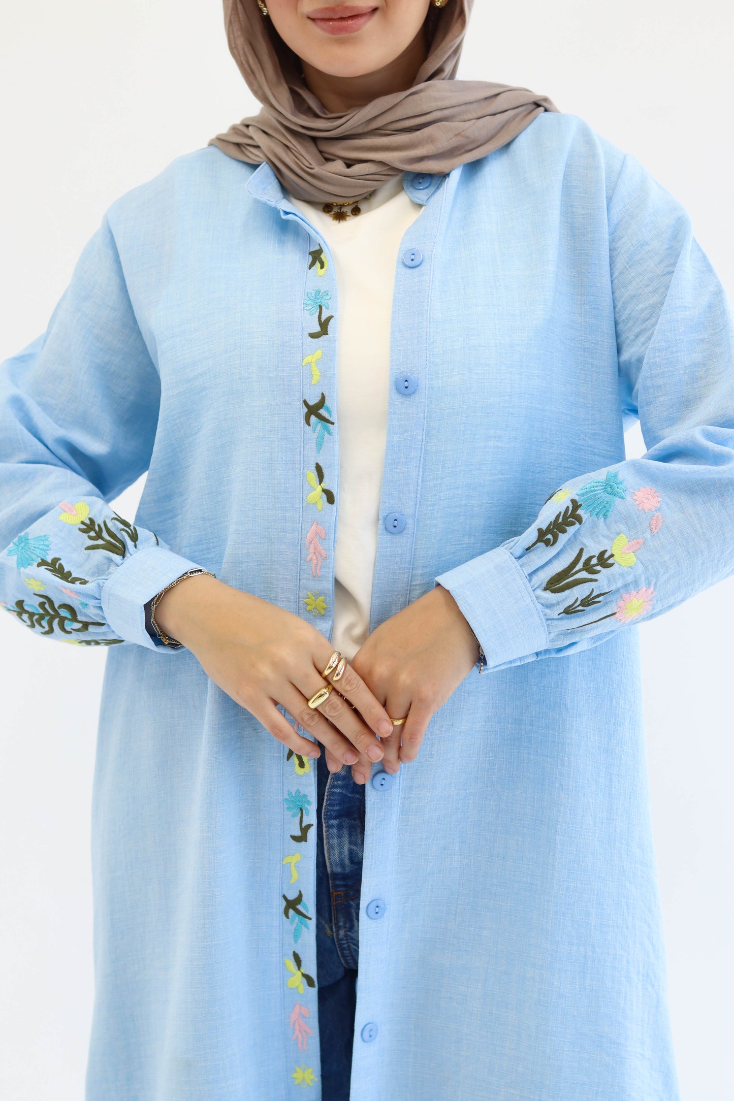 Floral Embroidered Linen Chemise in Baby Blue