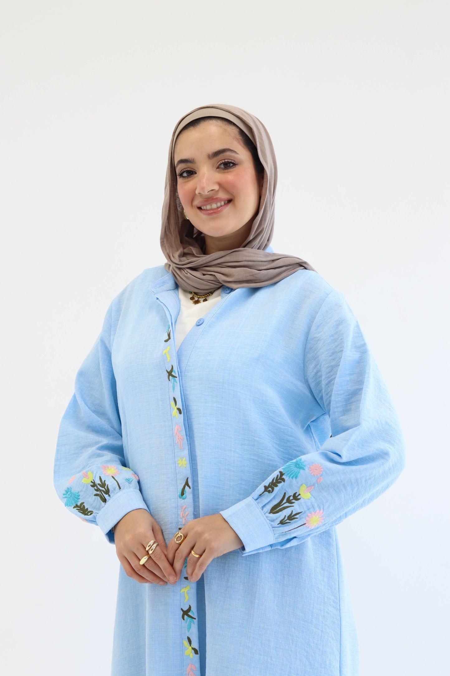 Floral Embroidered Linen Chemise in Baby Blue