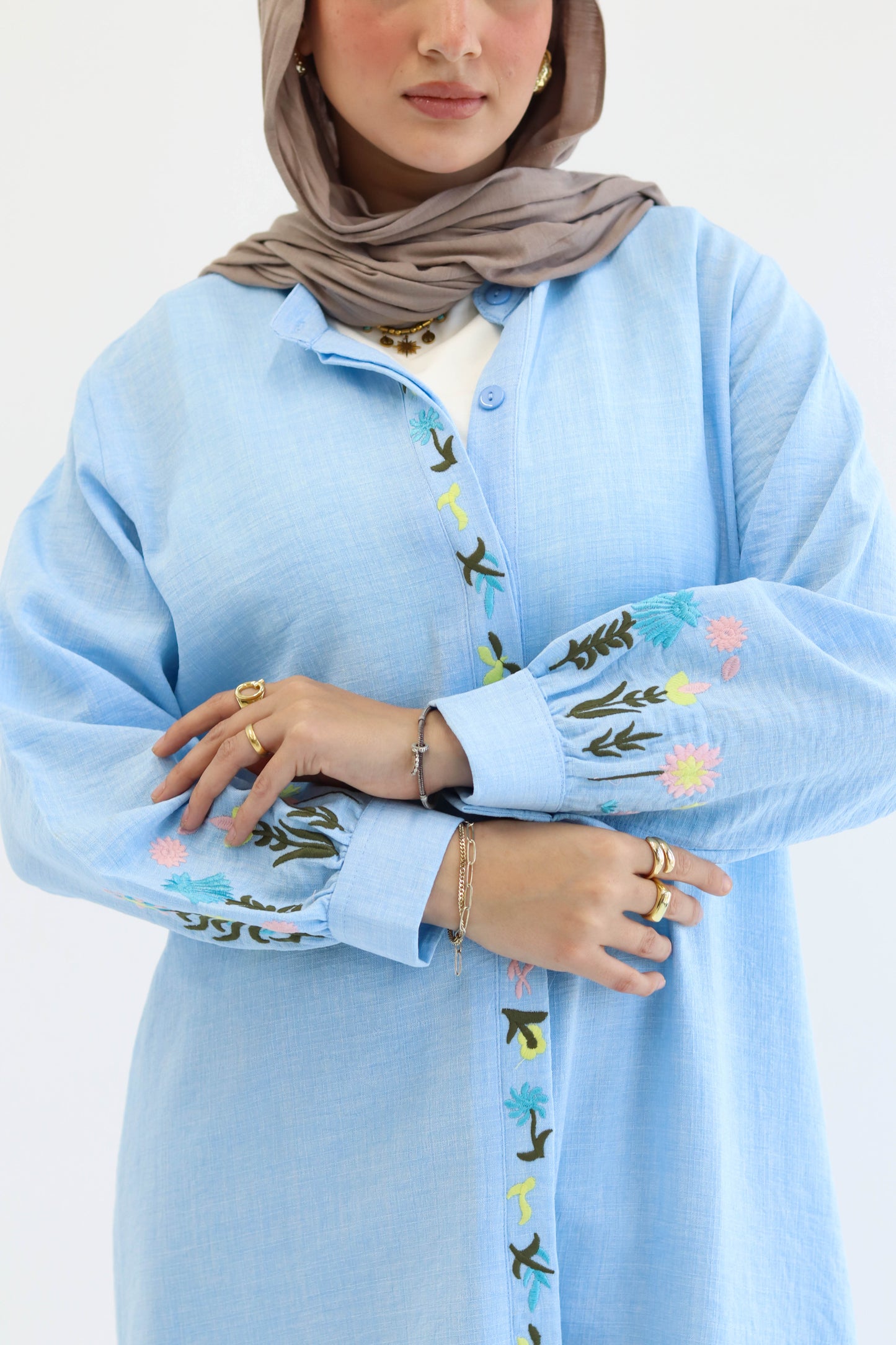 Floral Embroidered Linen Chemise in Baby Blue