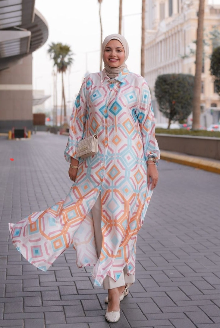 Colorful silk satin shirt dress