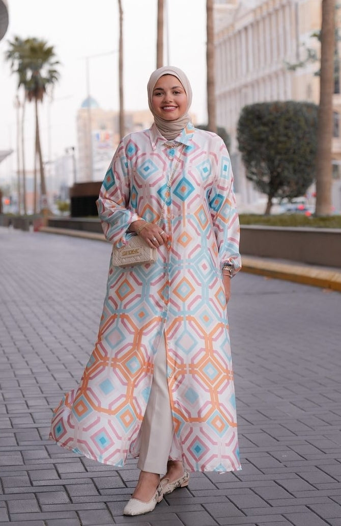 Colorful silk satin shirt dress