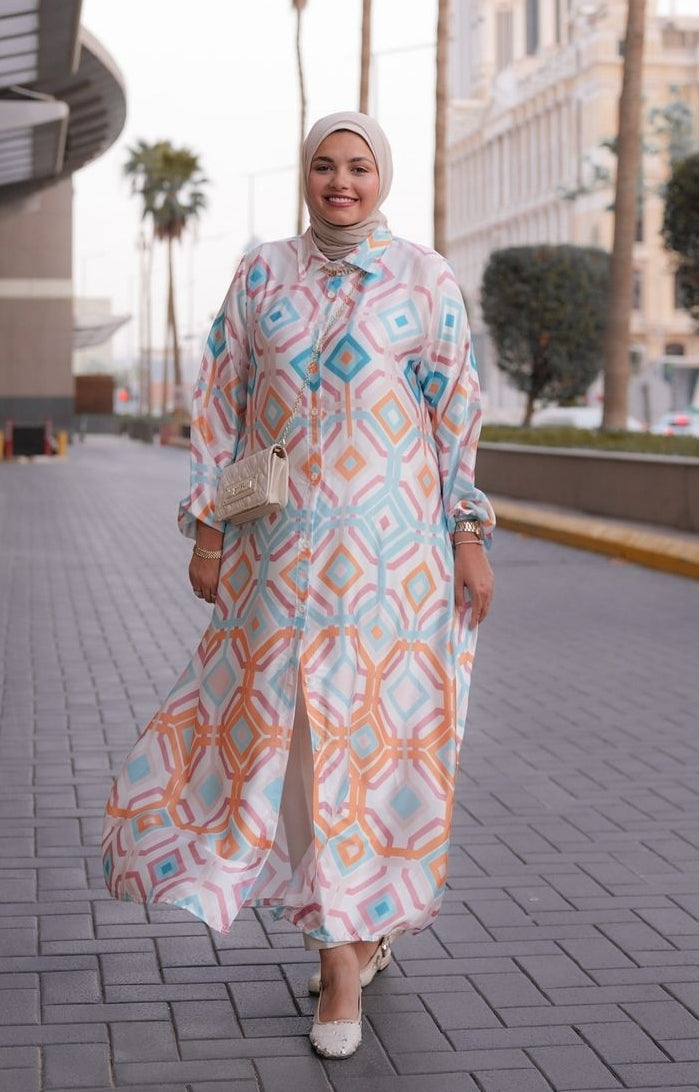 Colorful silk satin shirt dress