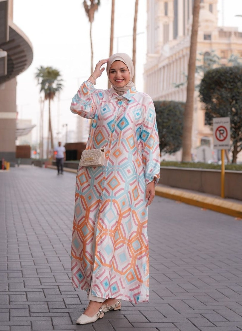 Colorful silk satin shirt dress