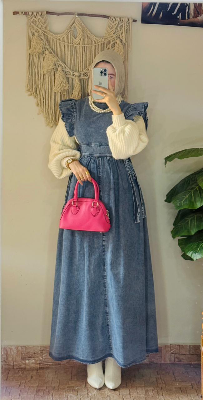 Ruffles Denim Dress in Blue