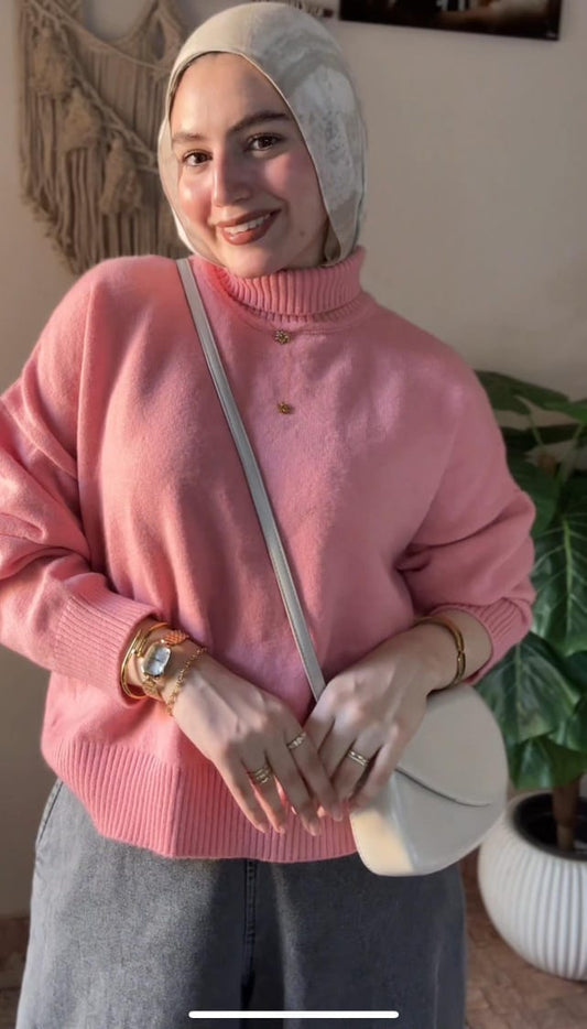 Essential High-Neck Wool Top in Pink