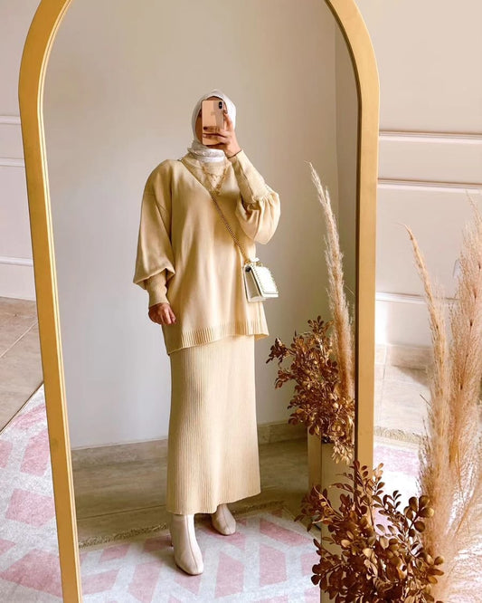 Plain Winter Set in Beige (Tunic and skirt)