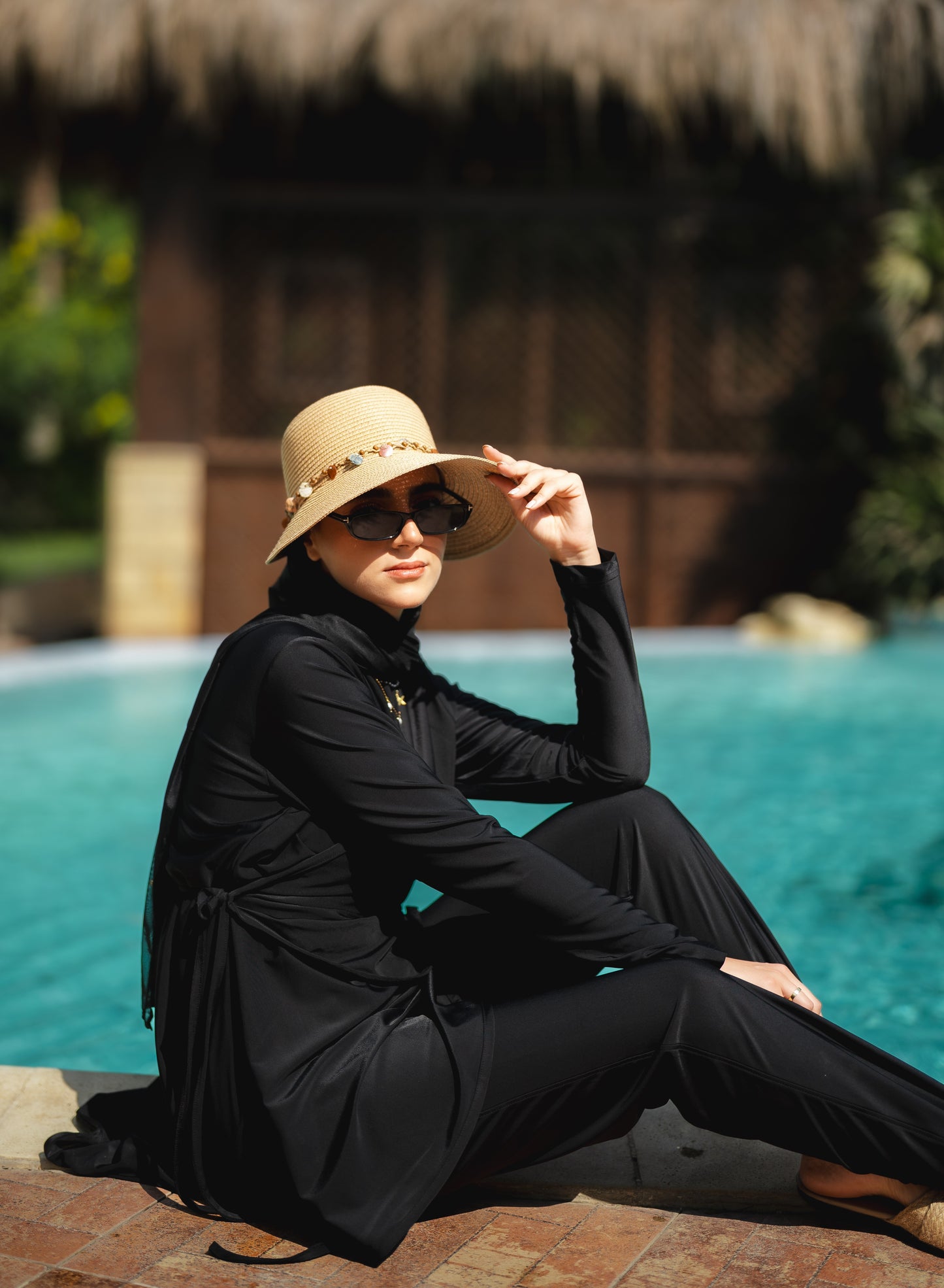 Ozel Burkini in Black (with Head cover + Chiffon skirt)