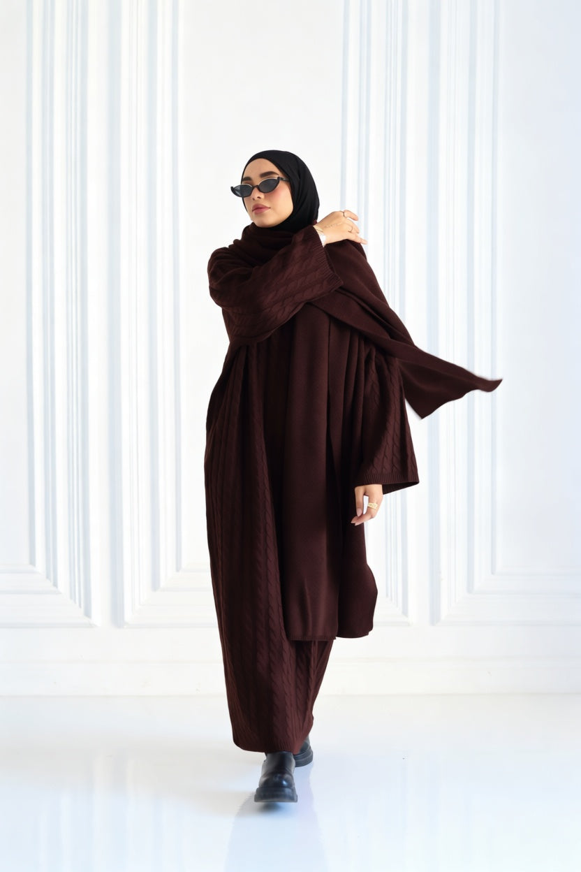 Winter Set Braided Dress with Shawl in Brown