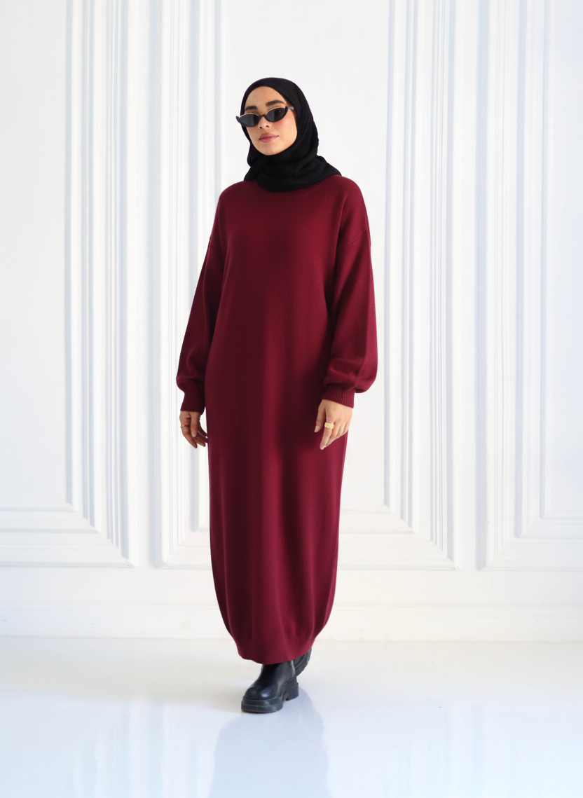 Knitted Winter Dress in Burgundy
