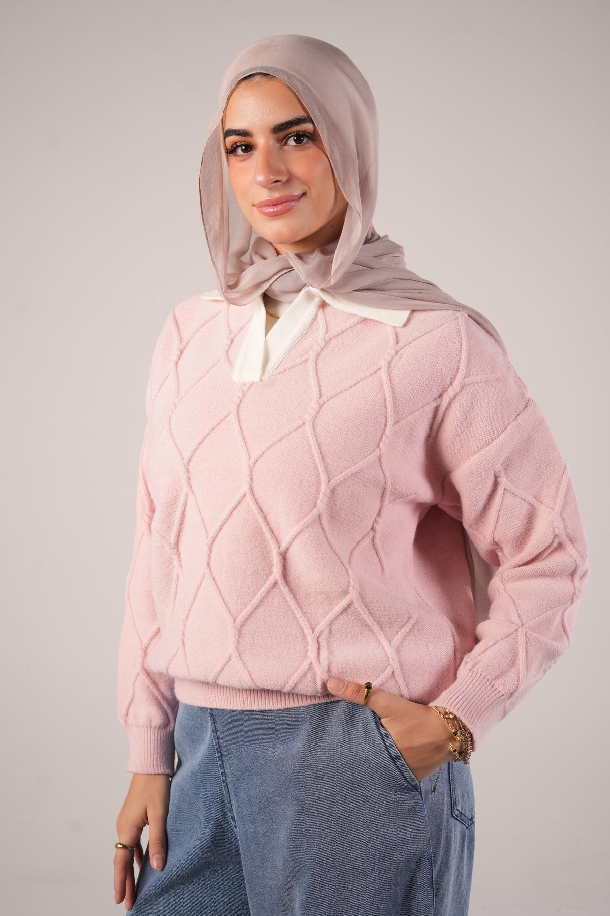 Cable Polo Sweater - Pink