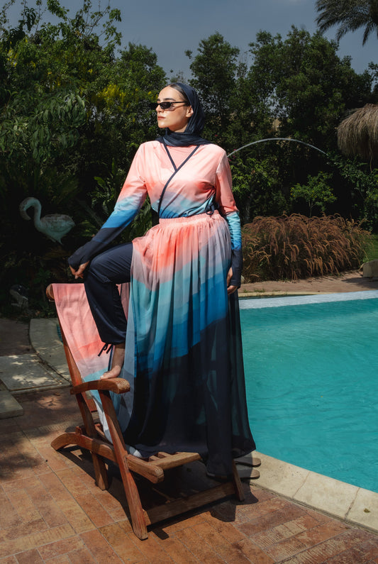 Colorful Ozel Burkini in Blue (with head cover + Chiffon skirt)