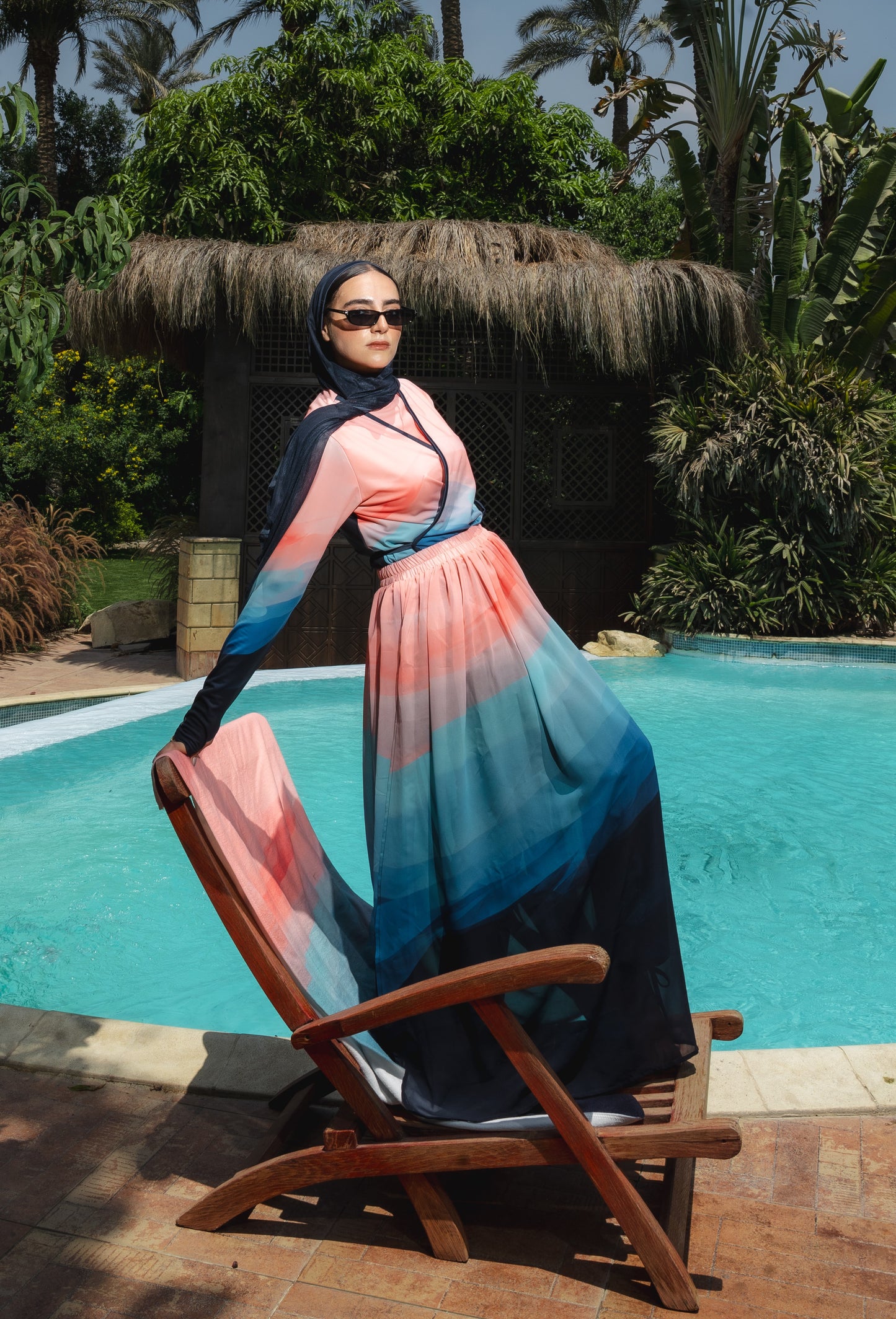 Colorful Ozel Burkini in Blue (with head cover + Chiffon skirt)
