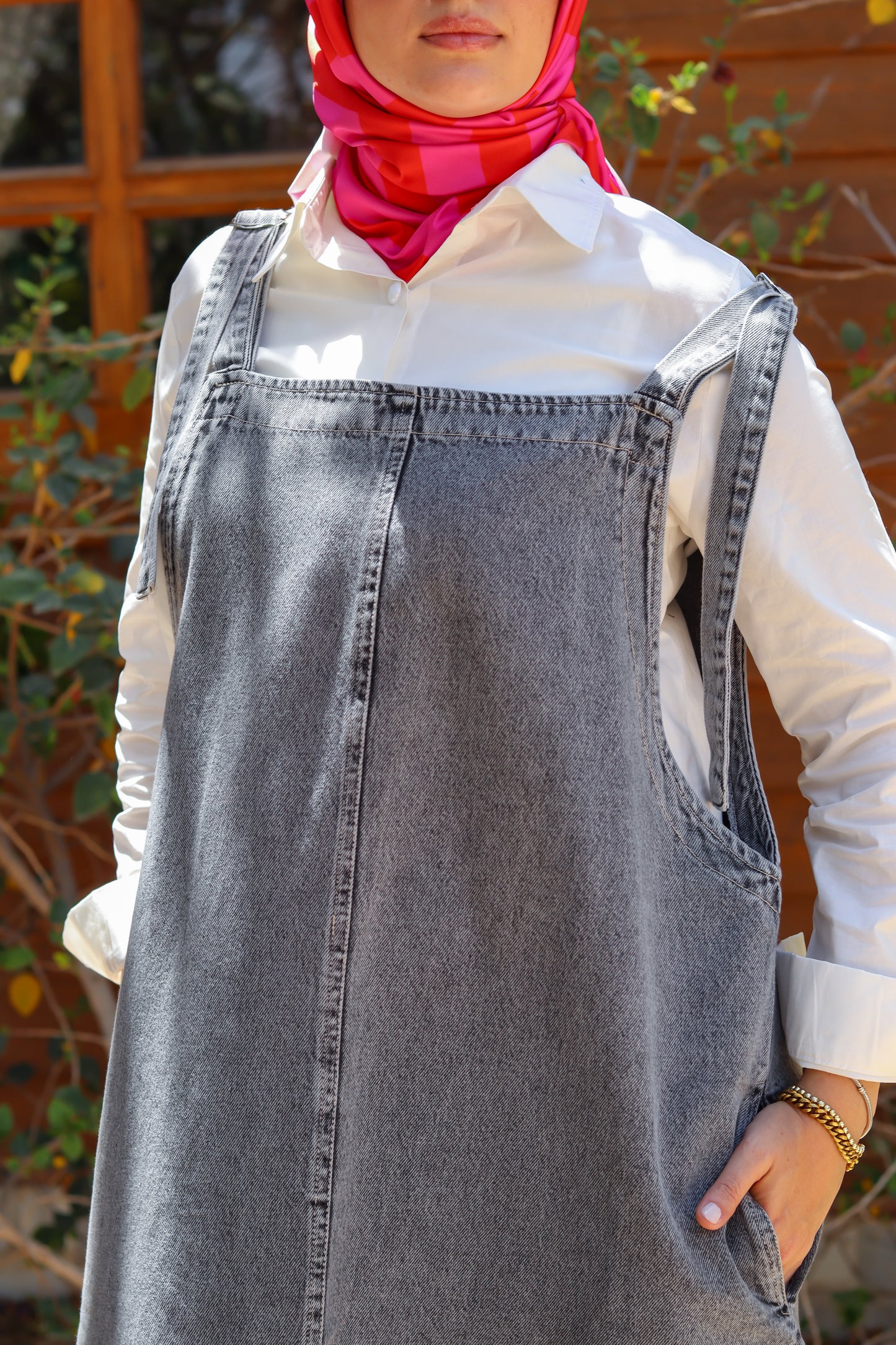Denim Salopette Dress in Grey