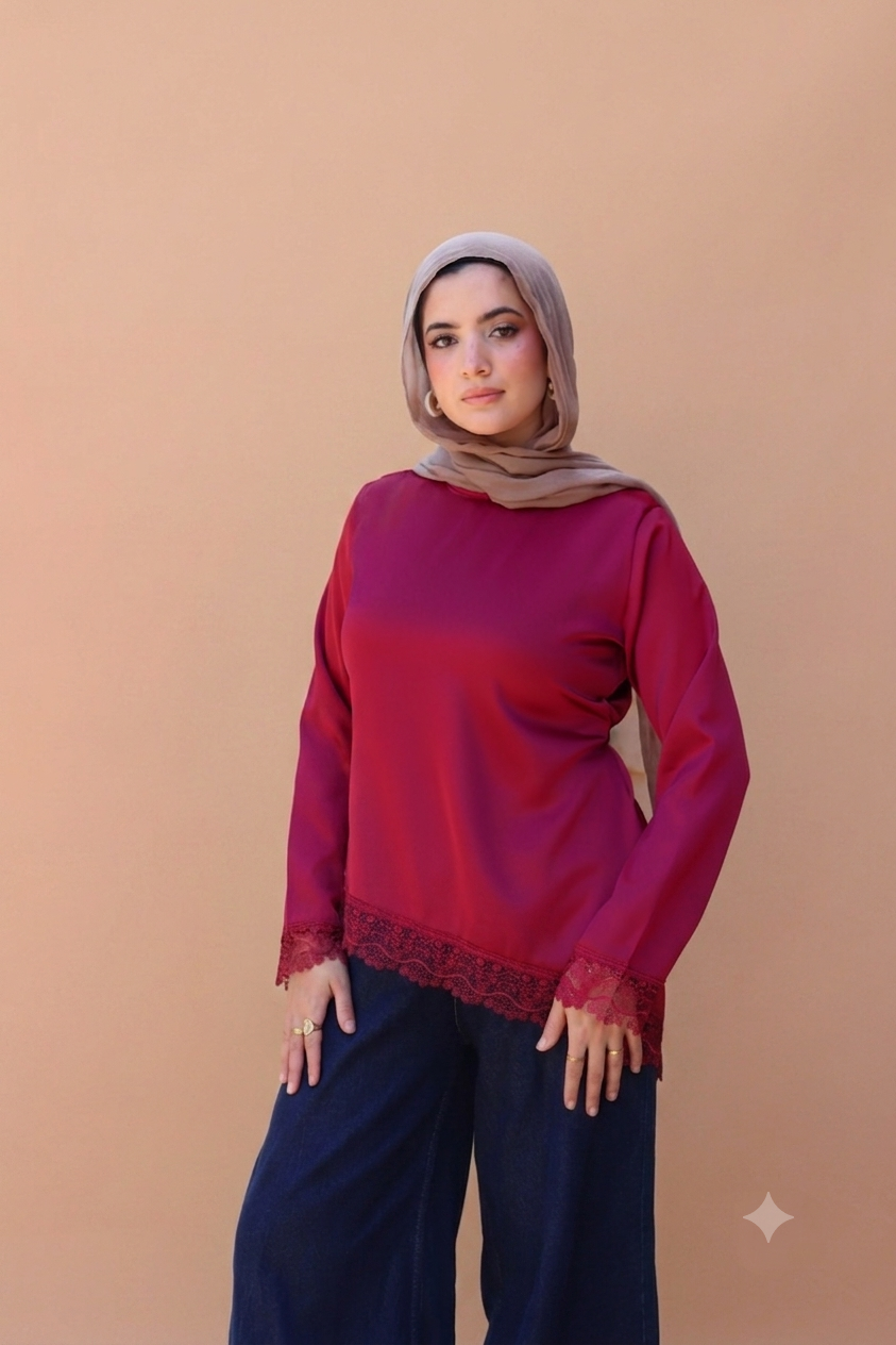 Satin Blouse with Guipure Details in Burgundy