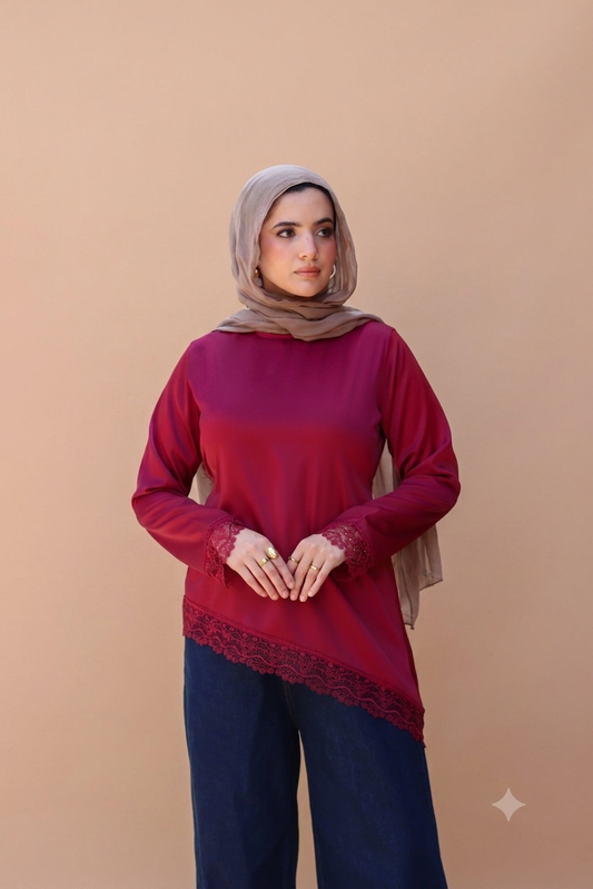 Satin Blouse with Guipure Details in Burgundy