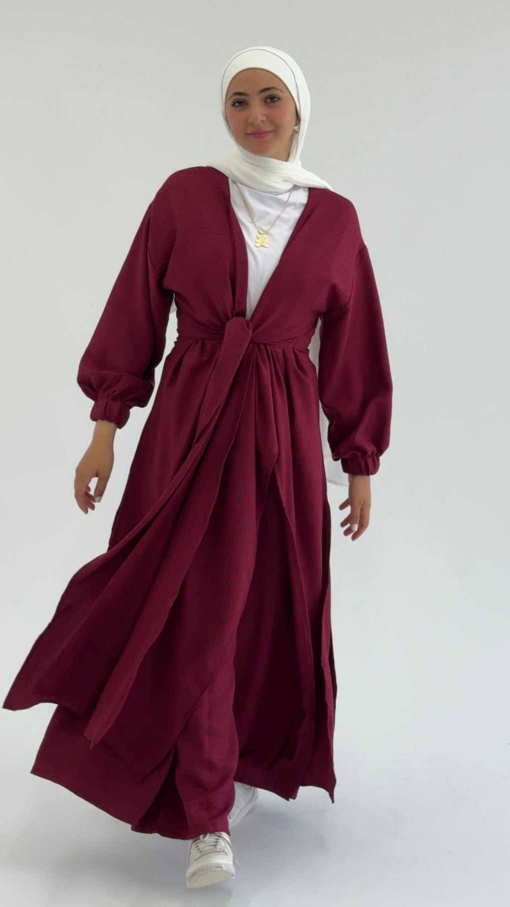 Linen Self-tie Cardigan with Pants in Burgundy