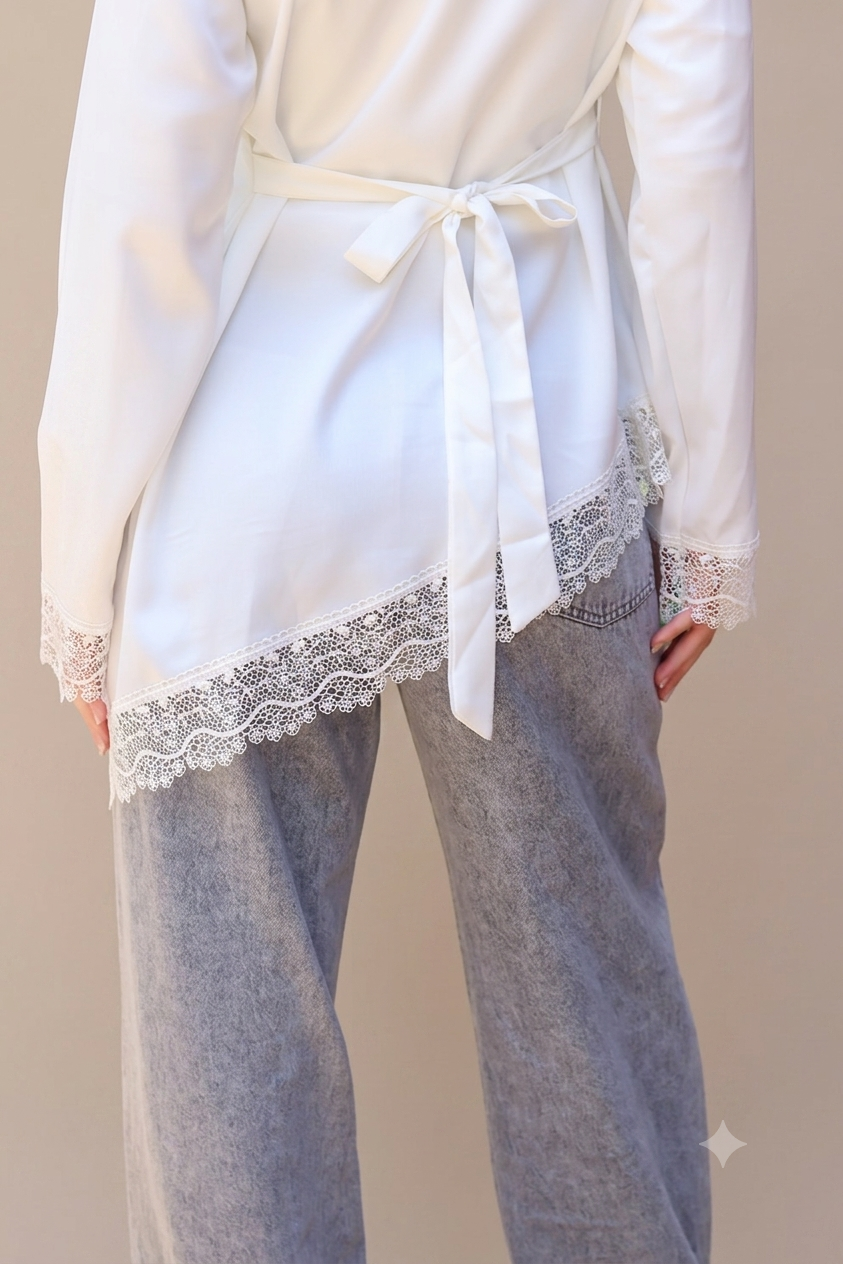 Satin Blouse with Guipure Details in White