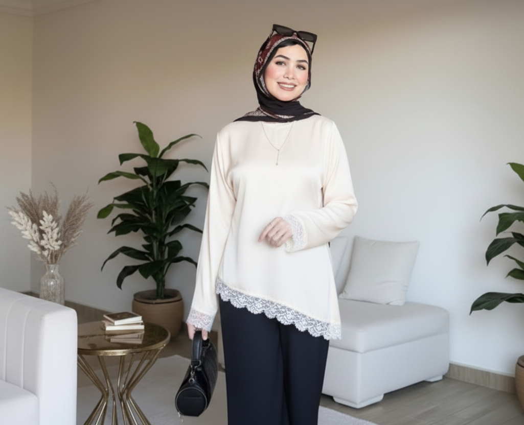 Satin Blouse with Guipure Details in Off-White