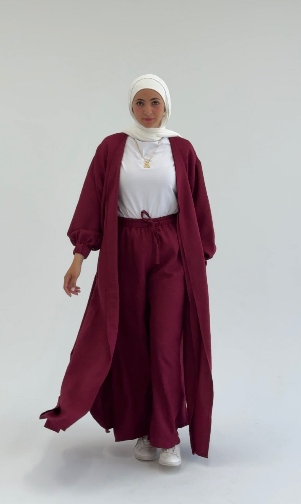 Linen Self-tie Cardigan with Pants in Burgundy