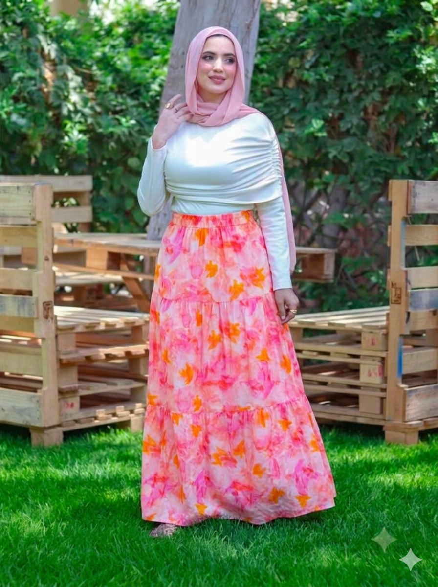 Bundle of Beige Draped Top and Colorful Skirt