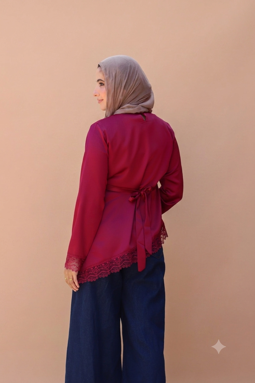 Satin Blouse with Guipure Details in Burgundy