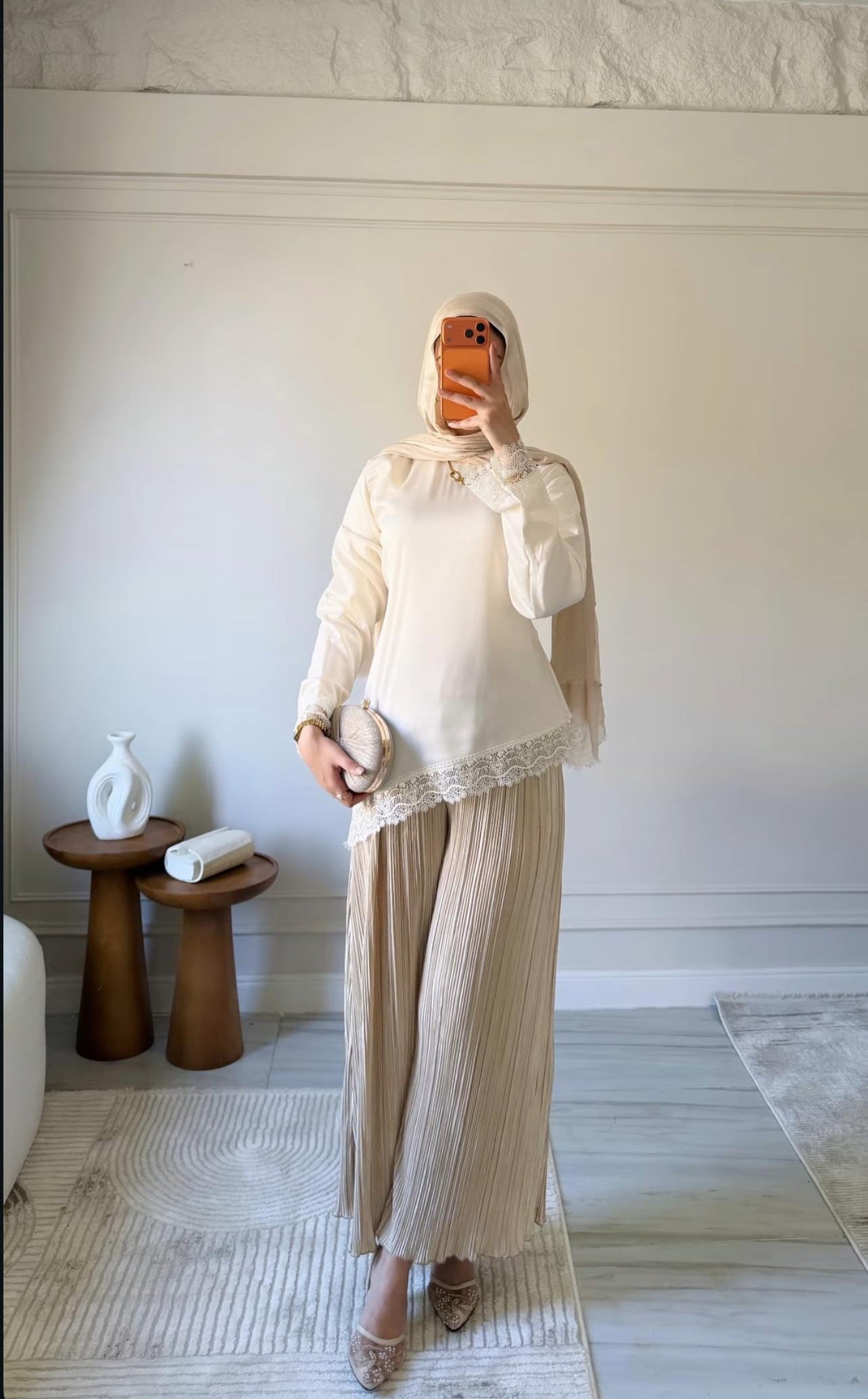 Satin Blouse with Guipure Details in Off-White