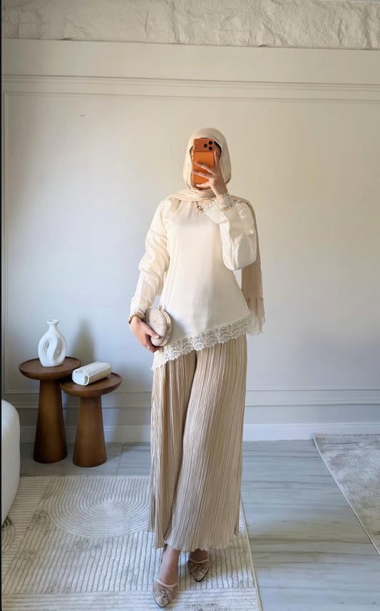 Satin Blouse with Guipure Details in Off-White