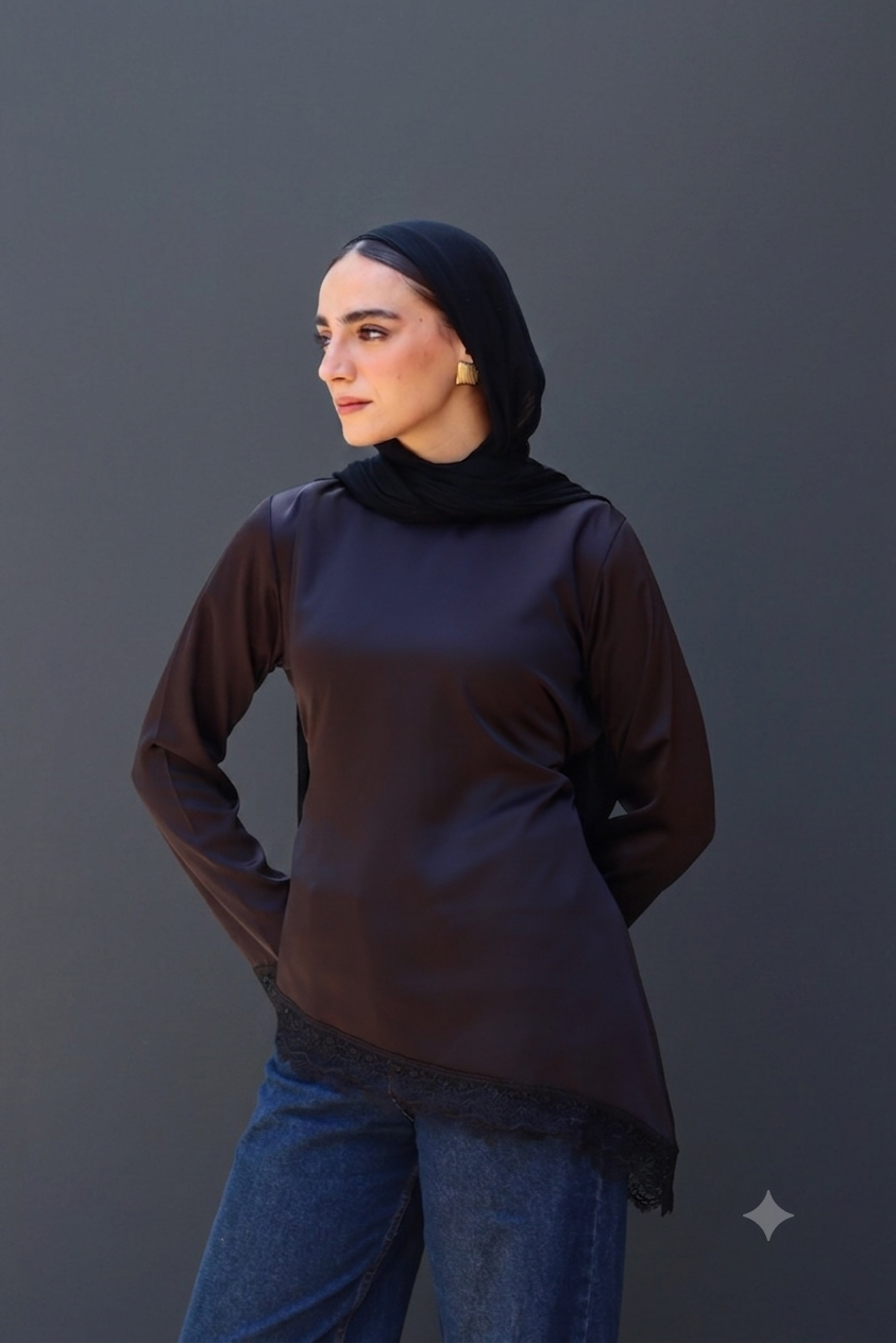 Satin Blouse with Guipure Details in Black