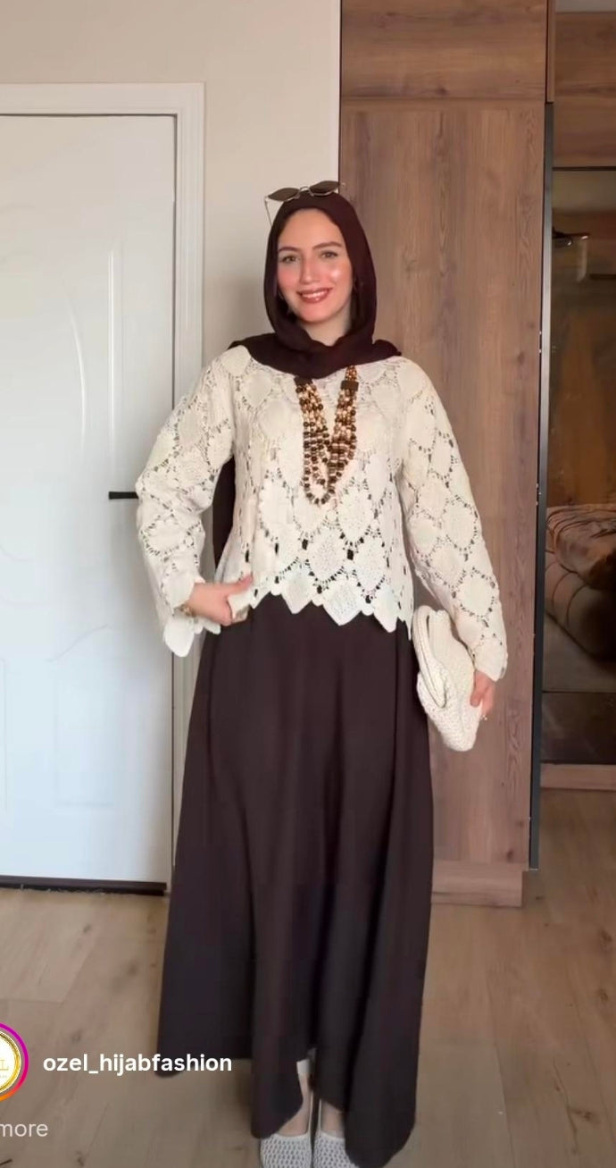 Bundle of Crochet Top in Beige with Brown Linen Skirt