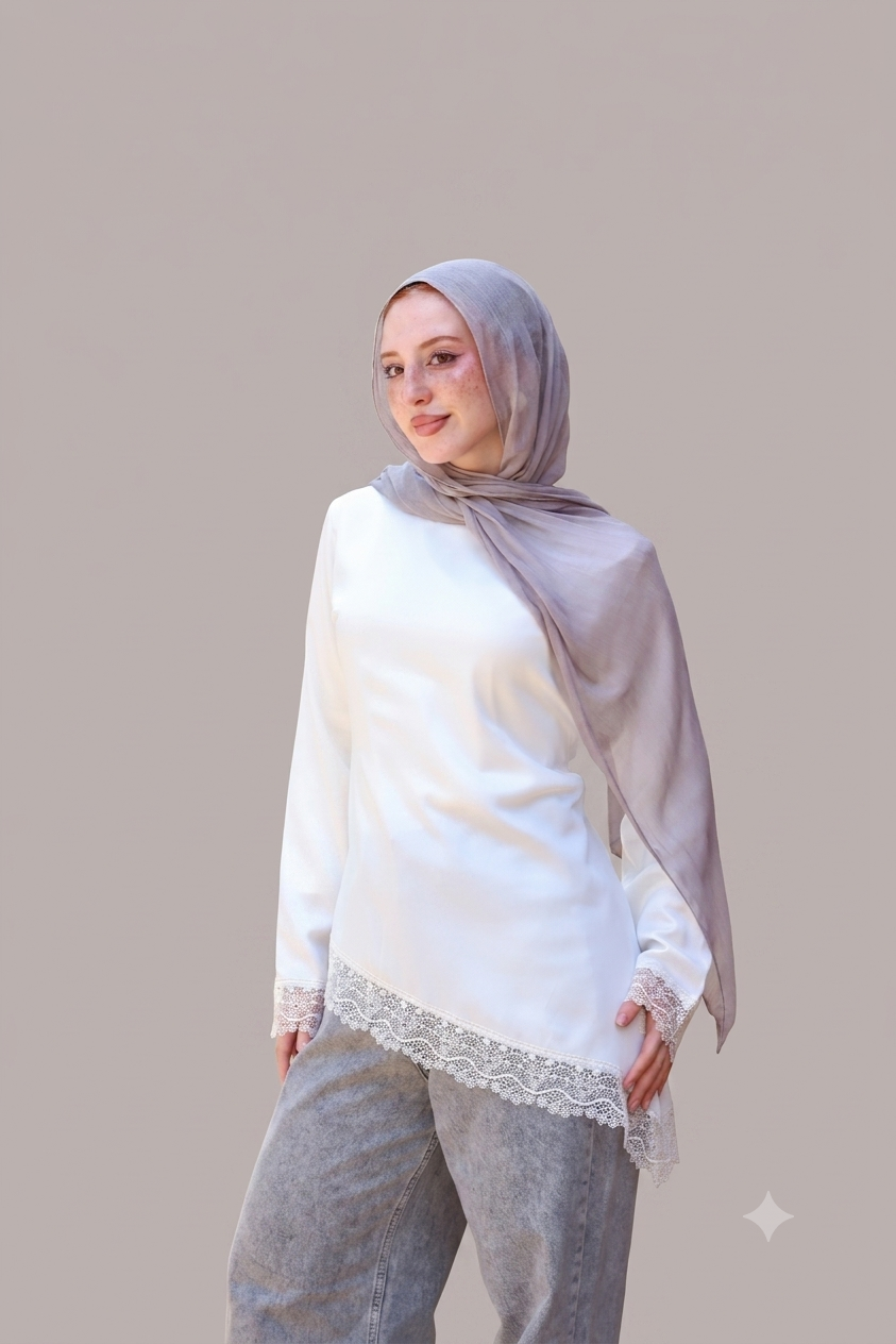 Satin Blouse with Guipure Details in White