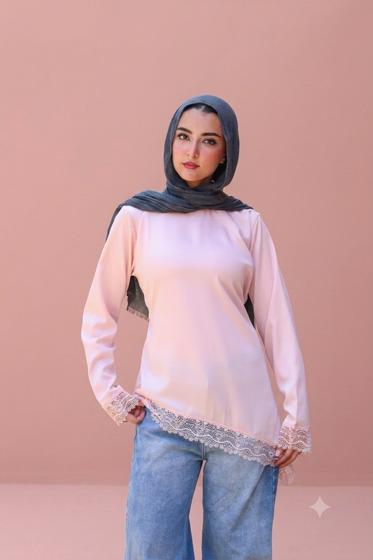 Satin Blouse with Guipure Details in Pink