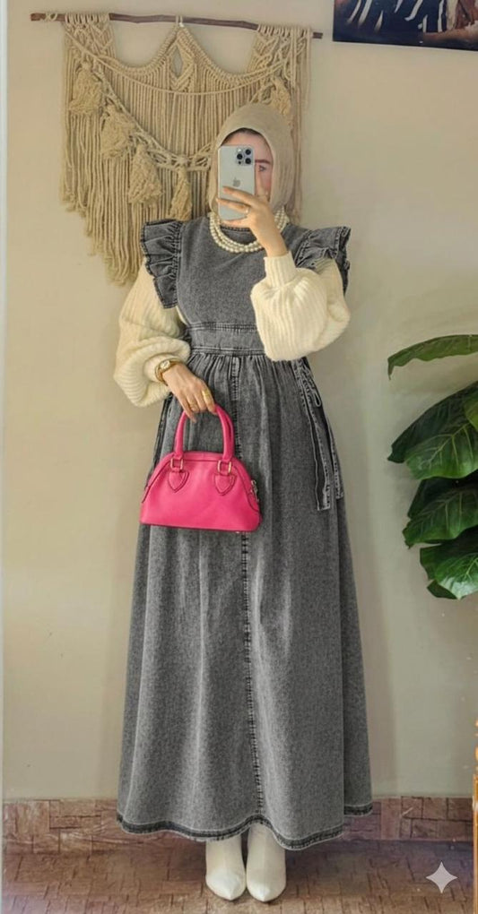 Ruffles Denim Dress in Grey