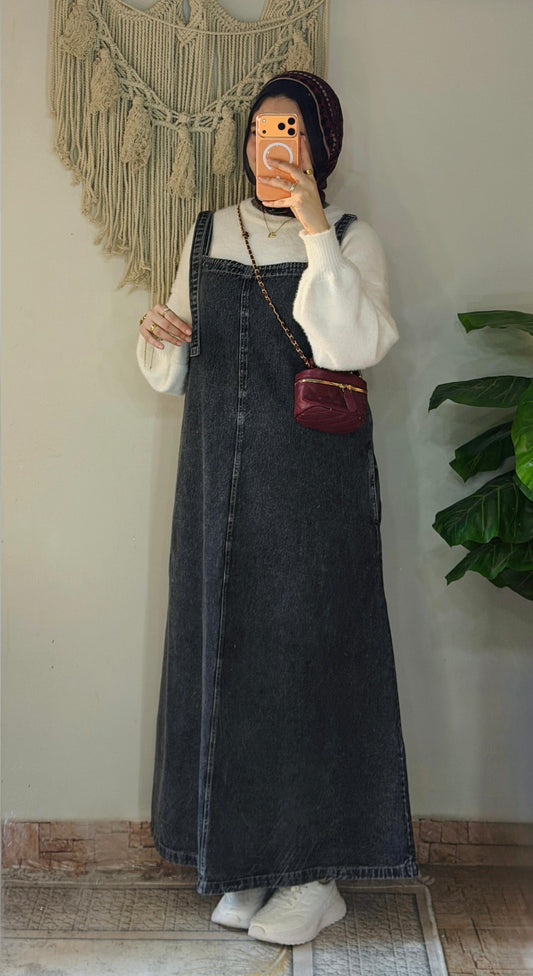 Denim Salopette Dress in Grey