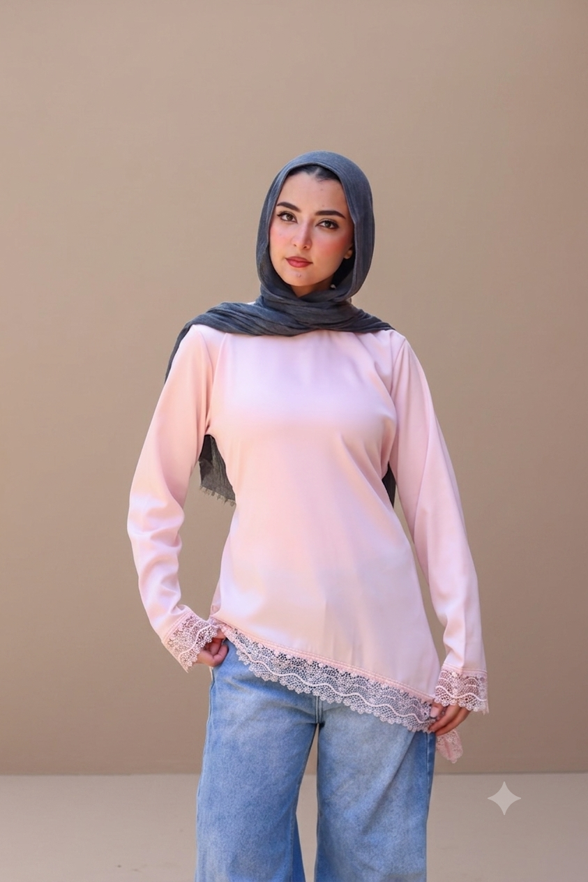 Satin Blouse with Guipure Details in Pink